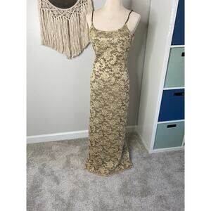 Vintage Joseph Ribkoff Gold Lace Sequin Beaded strap Formal Dress Long Gown 10